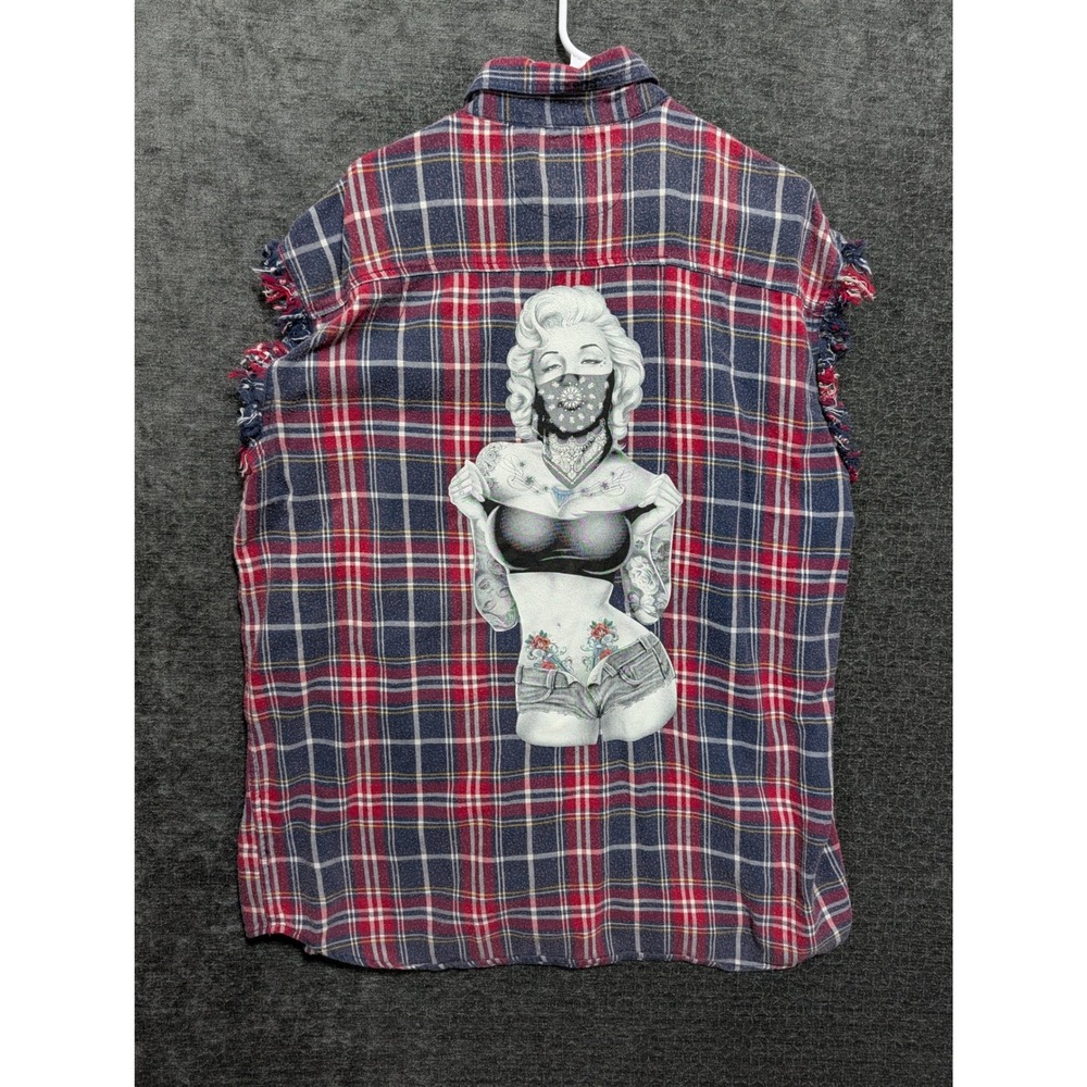 Biker Wear USA Marilyn Monroe Tattoo Plaid Sleeveless Flannel Shirt Mens 3XL Red